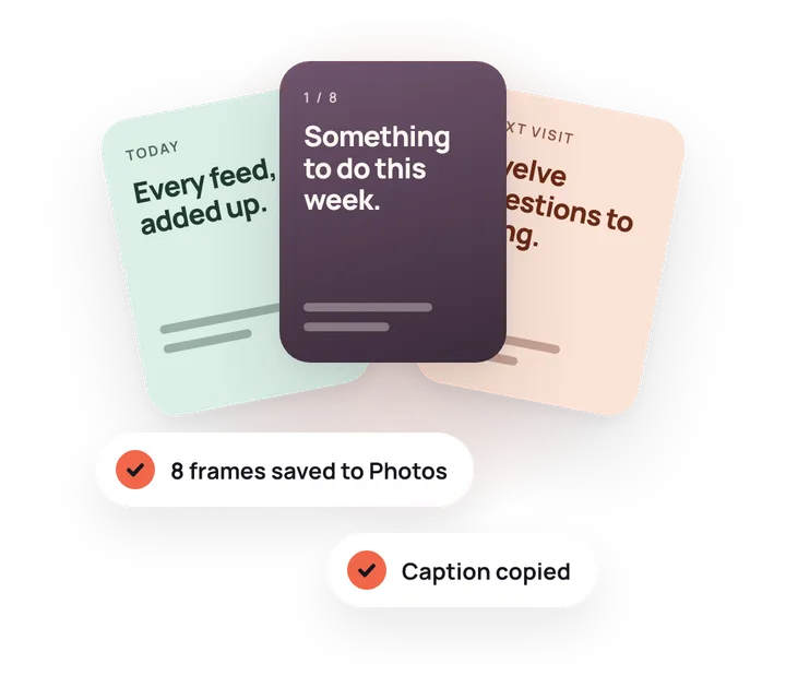 Three carousel frames fanned out, with the labels 8 frames saved to Photos and Caption copied.
